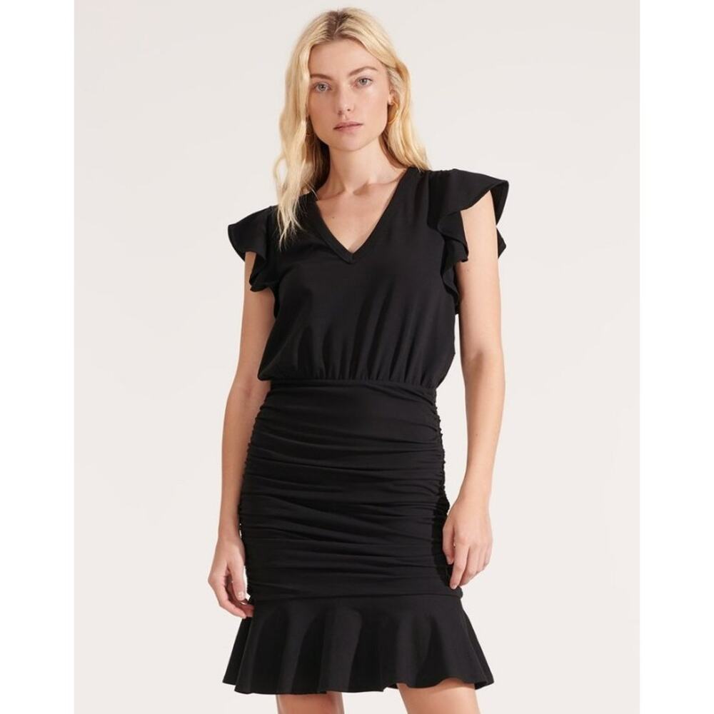 Veronica Beard Lisette Black Ruched Dress Flutter Sleeve Ruffle Hem V XS $298